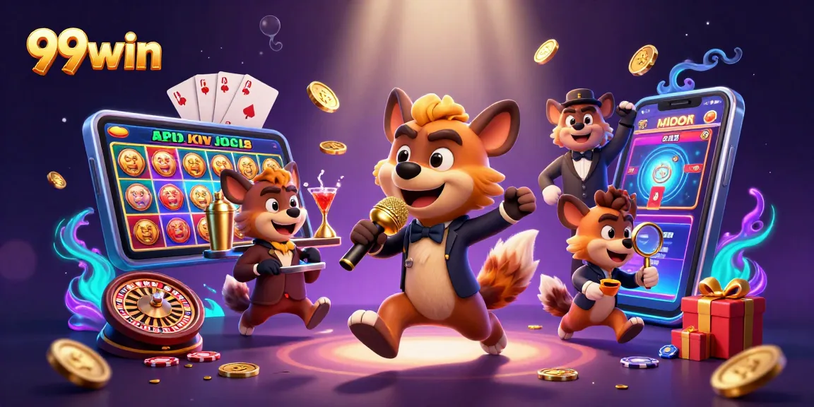 Engage with 99win's vibrant comedy casino scene featuring hyenas with gaming elements.