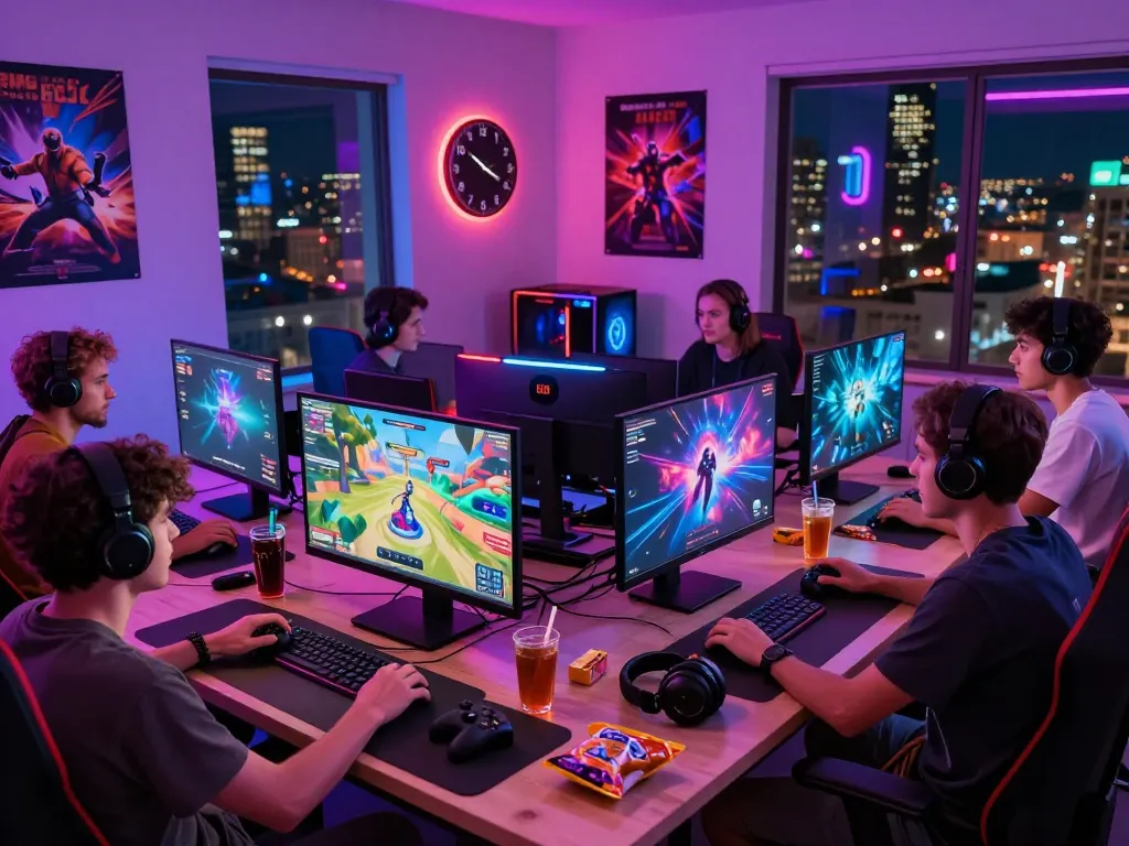 MM88 gaming session with friends in a vibrant room, multiple screens, and snacks