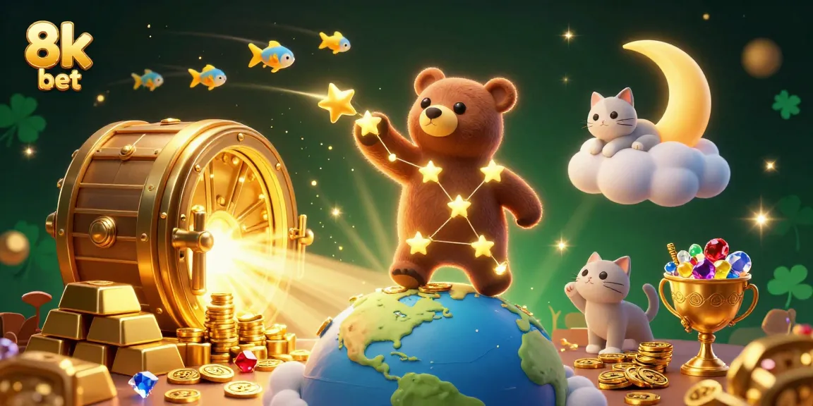 Play with luck at 8k bet, where a constellation bear and treasures sparkle in a vibrant casino scene.