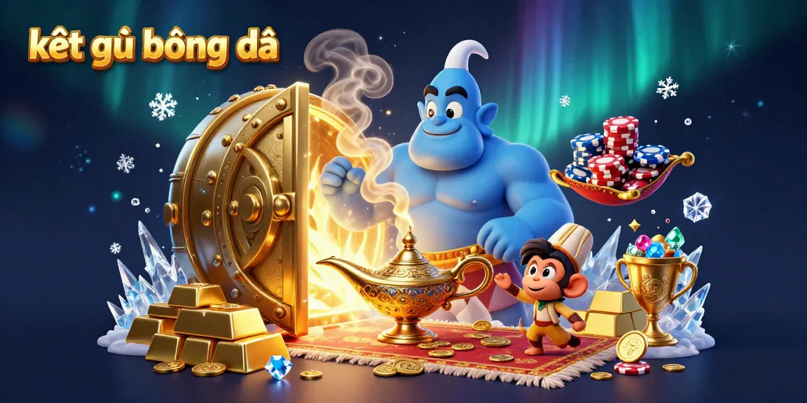 Experience the thrill of kết quả bóng đá with this captivating image illustrating a magical genie, poker chips, and treasures.