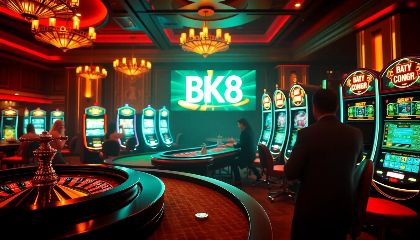 BK8 online gambling interface with poker chips and roulette wheel in a vibrant casino environment.