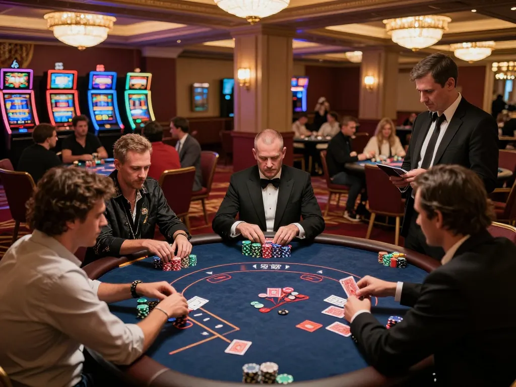 PUB88 players strategizing at a dynamic poker table during a high-stakes game, vibrant casino atmosphere.