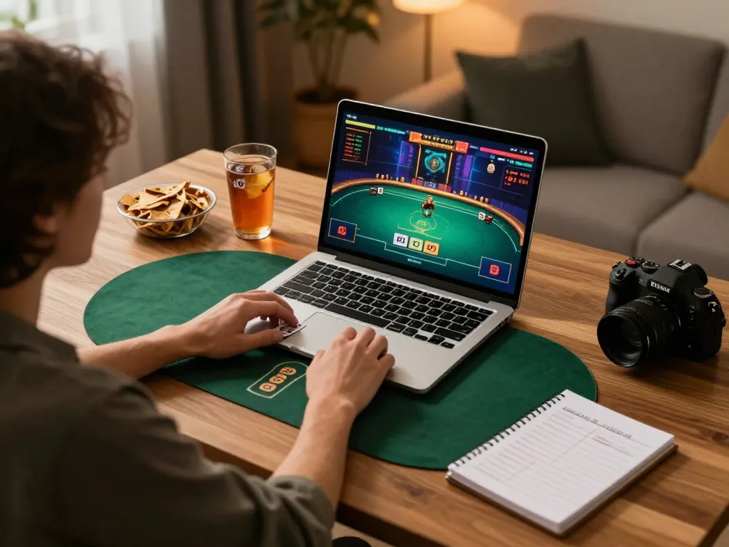 Engaged player enjoying 99WIN poker game on laptop, showcasing strategic gameplay.