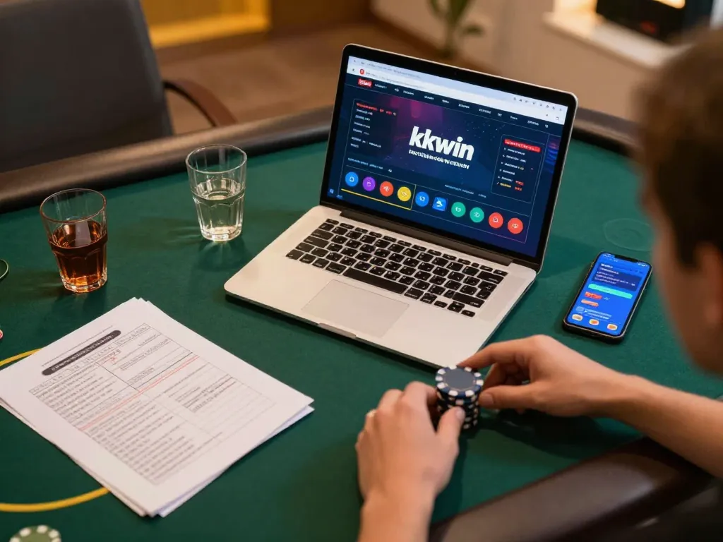 Player strategizing betting on kkwin trang chủ during online poker game with notes.