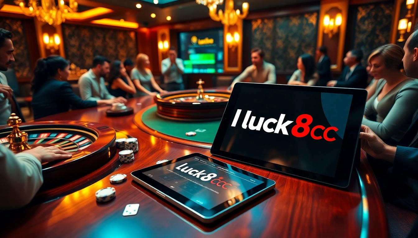 Experience high-stakes poker action with luck8 cc at a premier casino table, complete with chips and cards.