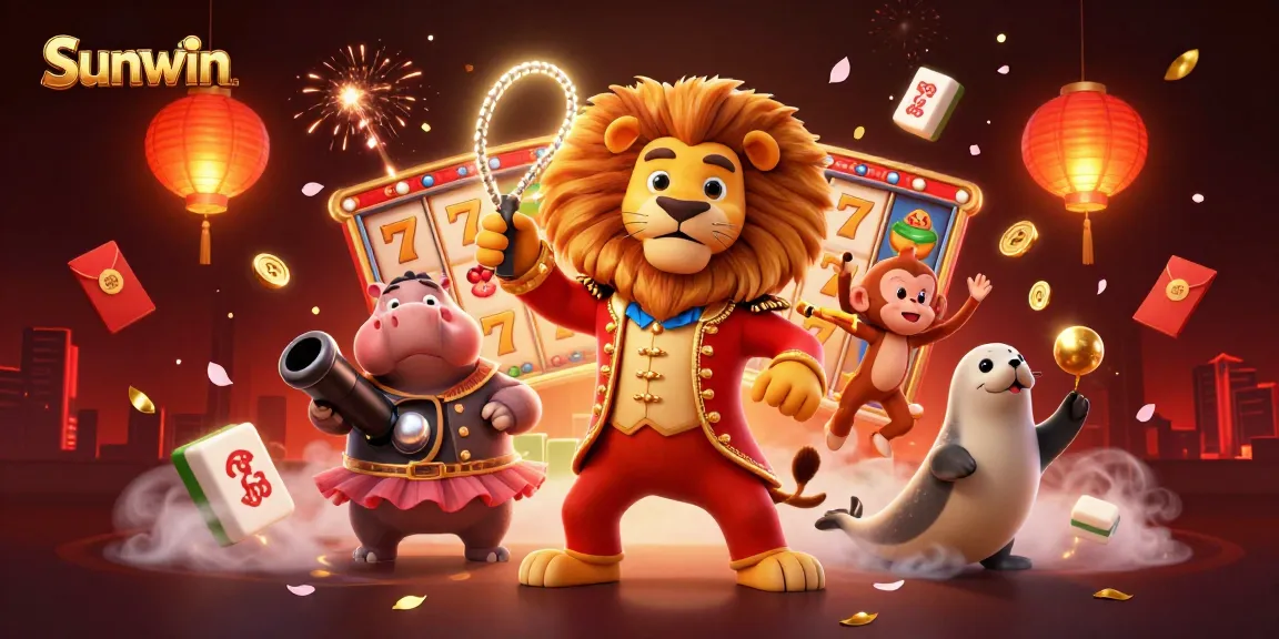Engage with Sunwin's thrilling casino games amid vibrant illustrations of festive characters and dazzling gaming elements.