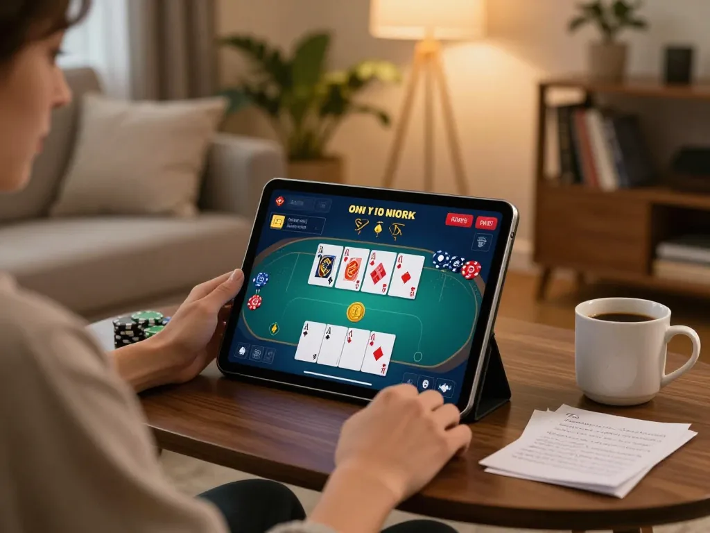 KONG88 online casino player engaged in poker game on tablet, showcasing strategy in a cozy home