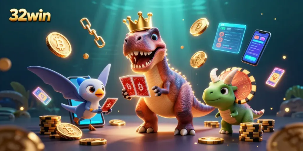 Engage with exciting 32win experiences while watching friendly dinosaurs play cards and stack chips.
