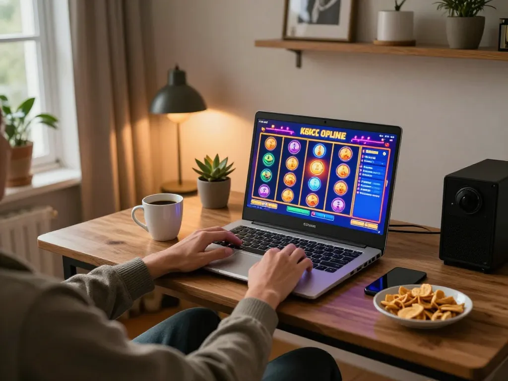 Engaging gameplay on k8cc online platform with colorful slots and cozy home setup