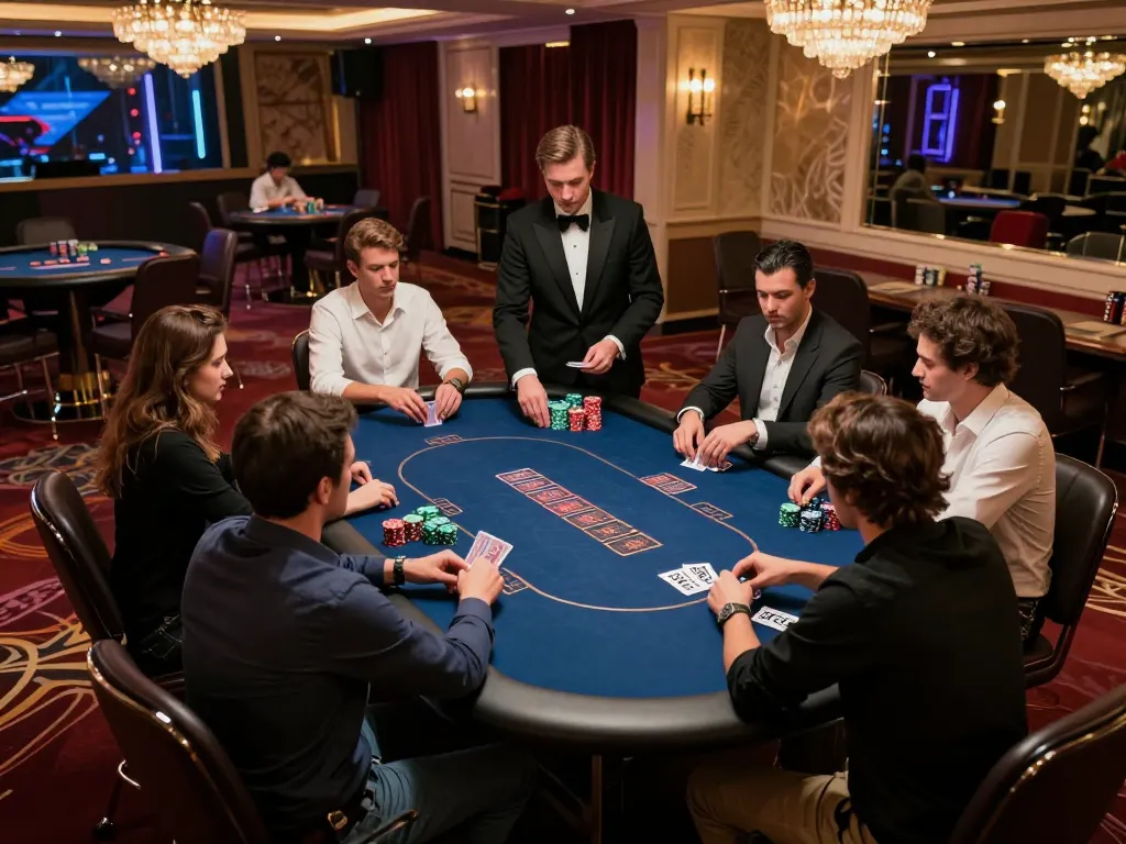 Engaging poker showdown scene at LV88 casino, players focused on their game with colorful chips visible