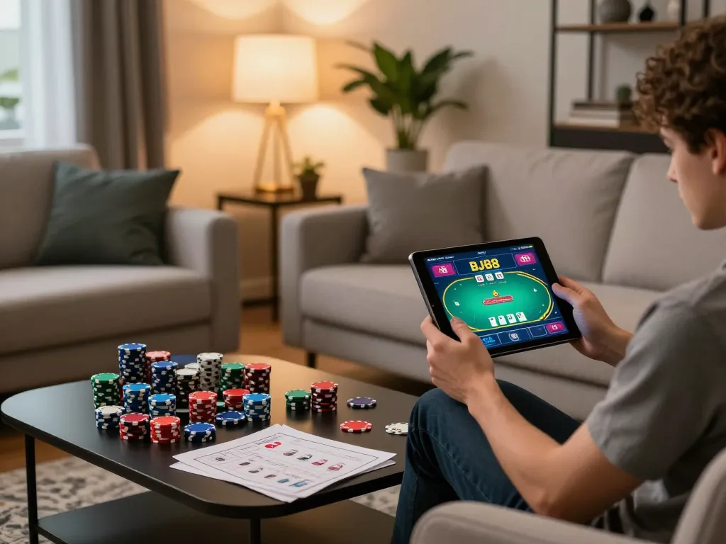 Player enjoying BJ88 gaming experience on a tablet in stylish home setup.