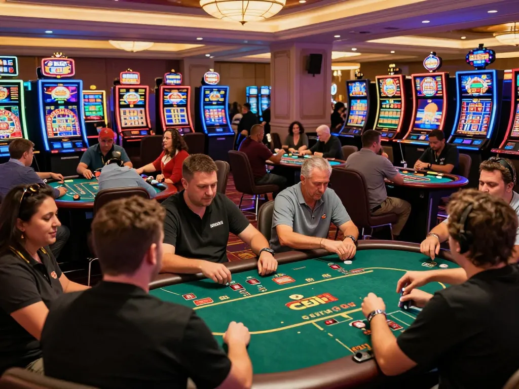 Players enjoying thrilling games at ABC8go's vibrant casino floor, showcasing excitement and wins.