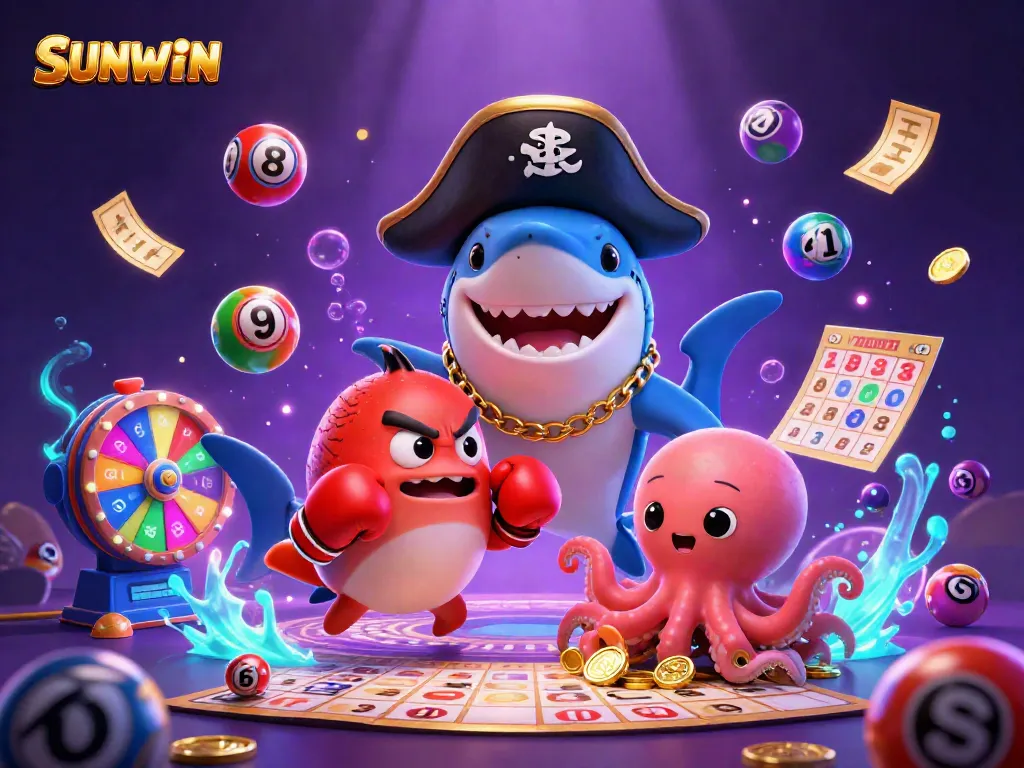 Engaging SUNWIN 3D casino scene with a pirate shark, pufferfish, and octopus surrounded by colorful game elements.