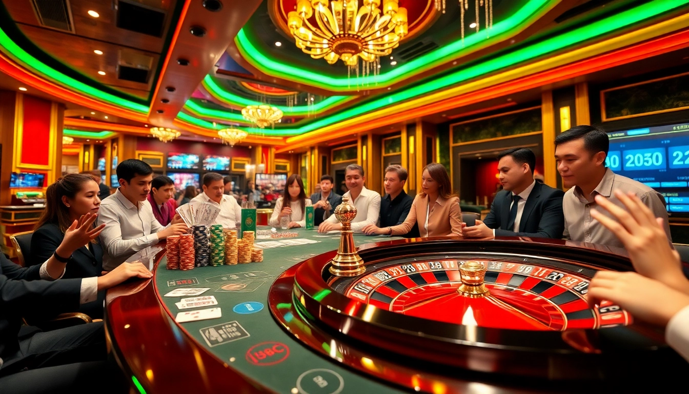 The excitement of gambling at a typhu88 casino, featuring vibrant gaming tables and poker chips.
