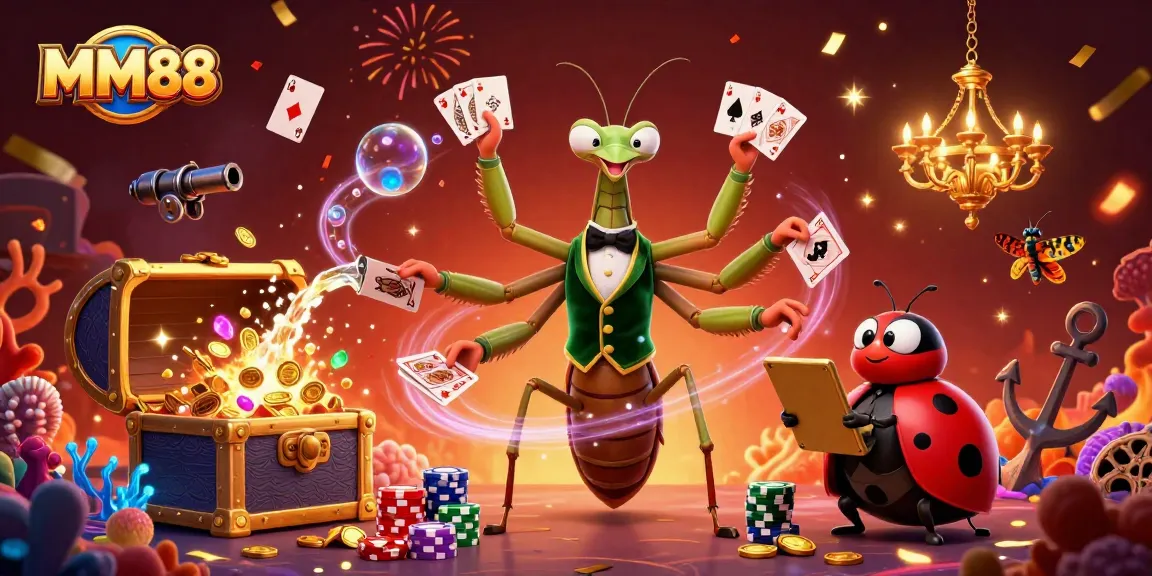 Experience thrilling gaming at MM88 with a dynamic illustration showcasing vibrant casino characters and elements.