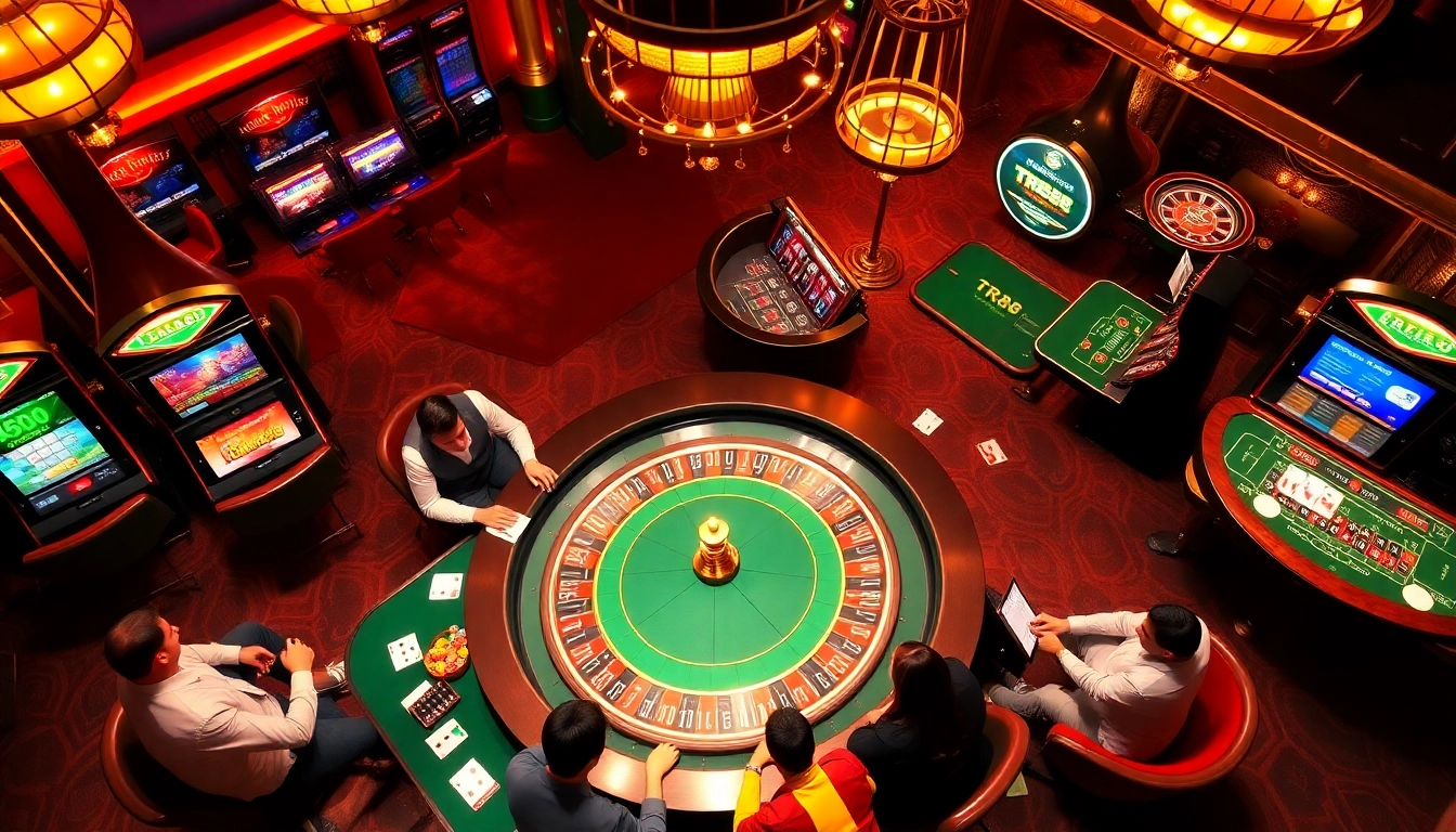 Players engaged in exciting games at TR88 casino, showcasing a roulette table and slot machines.