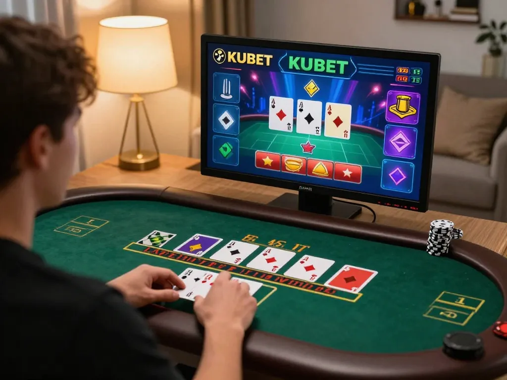 KUBET player placing bets in a live dealer blackjack game at home, focused on strategy.