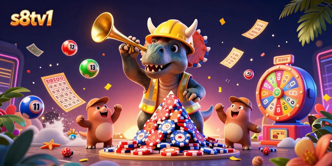Experience thrilling moments with s8tv1 as cartoon dinosaurs celebrate gambling victories amidst colorful lottery elements.