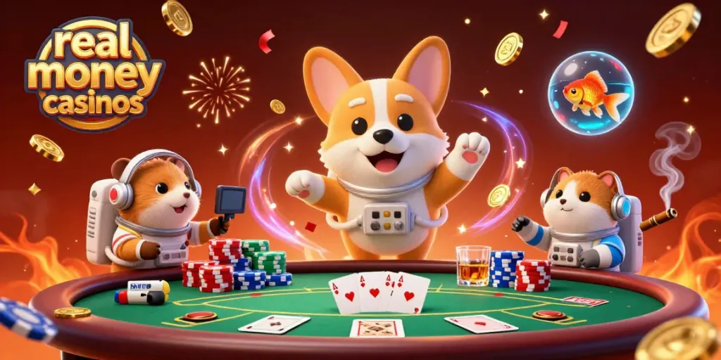 Enjoy thrilling real money casinos with a floating corgi astronaut in a vibrant space scene.