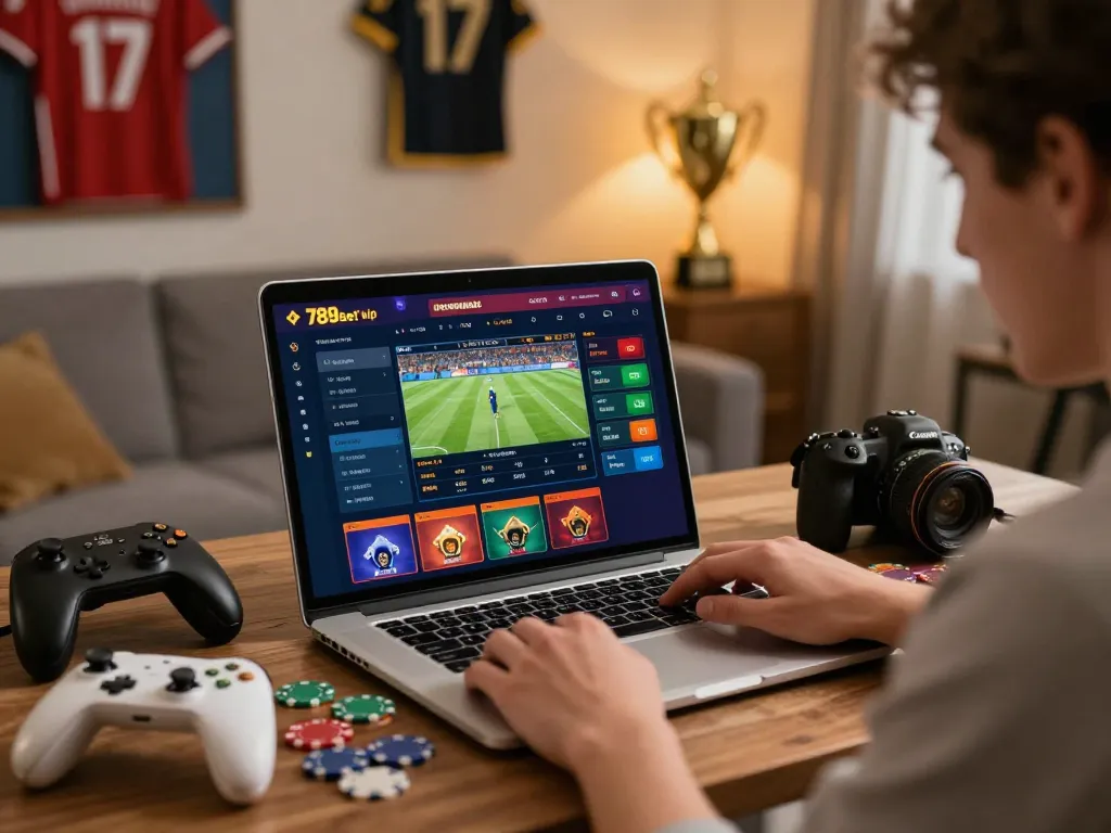 Engaged player exploring the 789bet vip online betting platform with sports memorabilia and casino elements.