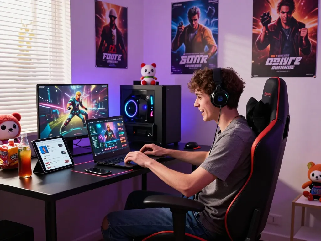 Engaging young adult immersed in playing porn games with vibrant bedroom decor