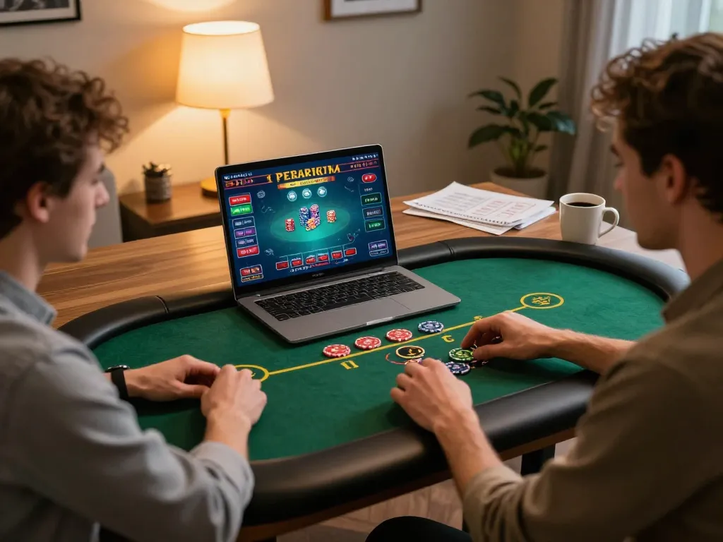 Engaging in strategic gameplay, 3333WIN online poker interface displayed on laptop with cozy decor.
