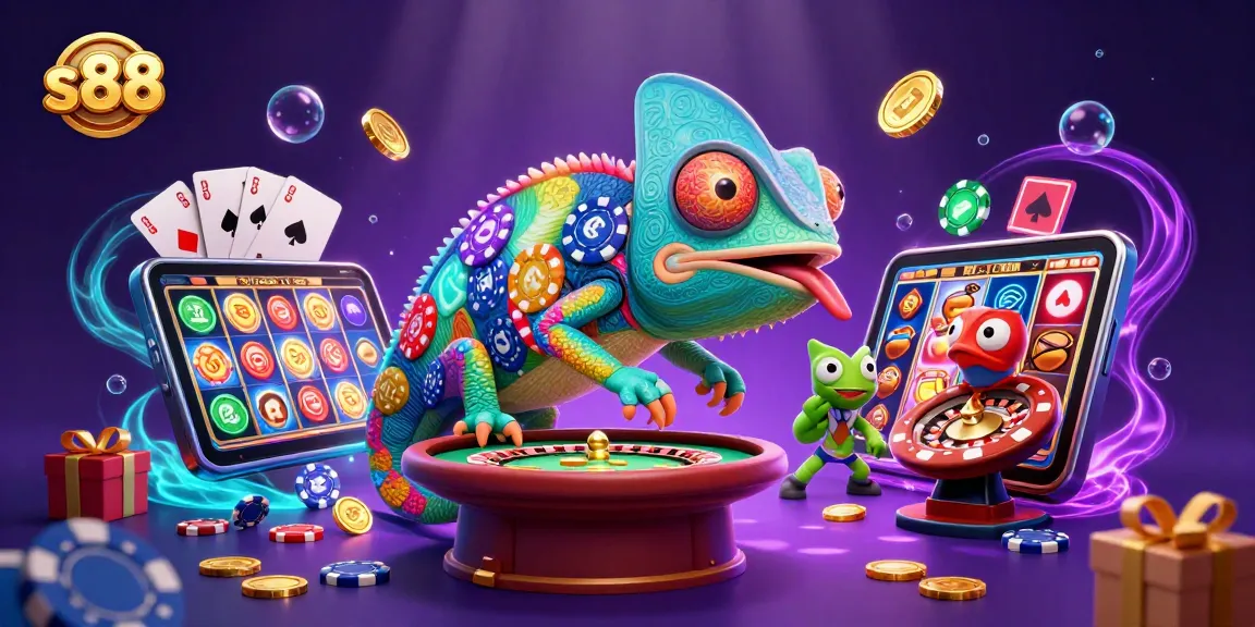 Win with s88 at the casino, featuring a vibrant chameleon owner and slot games in action.