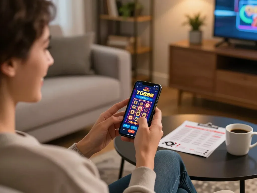 Engage with exciting games on TG88 mobile app in a cozy home setting, showcasing online gambling experience.