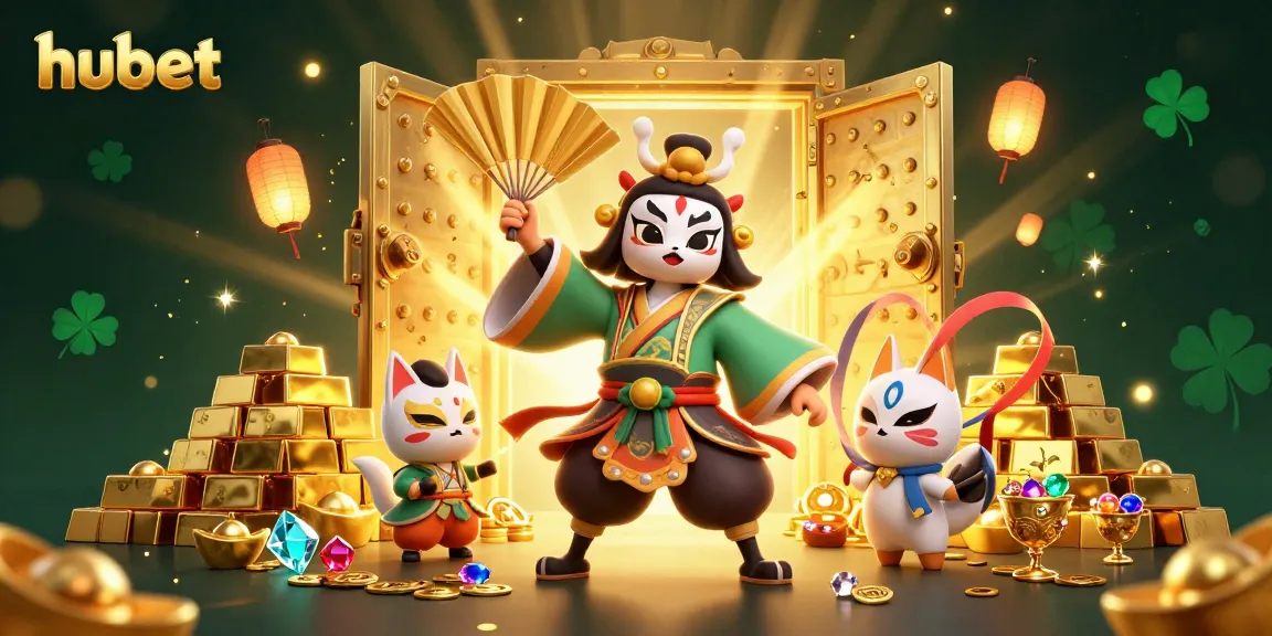 Win big at hubet with a vibrant 3D casino-themed scene featuring a kabuki warrior and treasures.