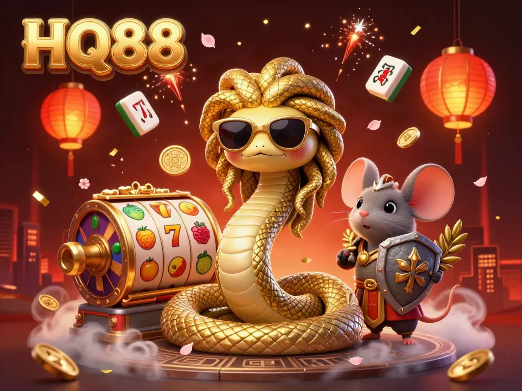 Engage in thrilling gameplay at HQ88's online casino featuring vibrant slot reels and lively characters.