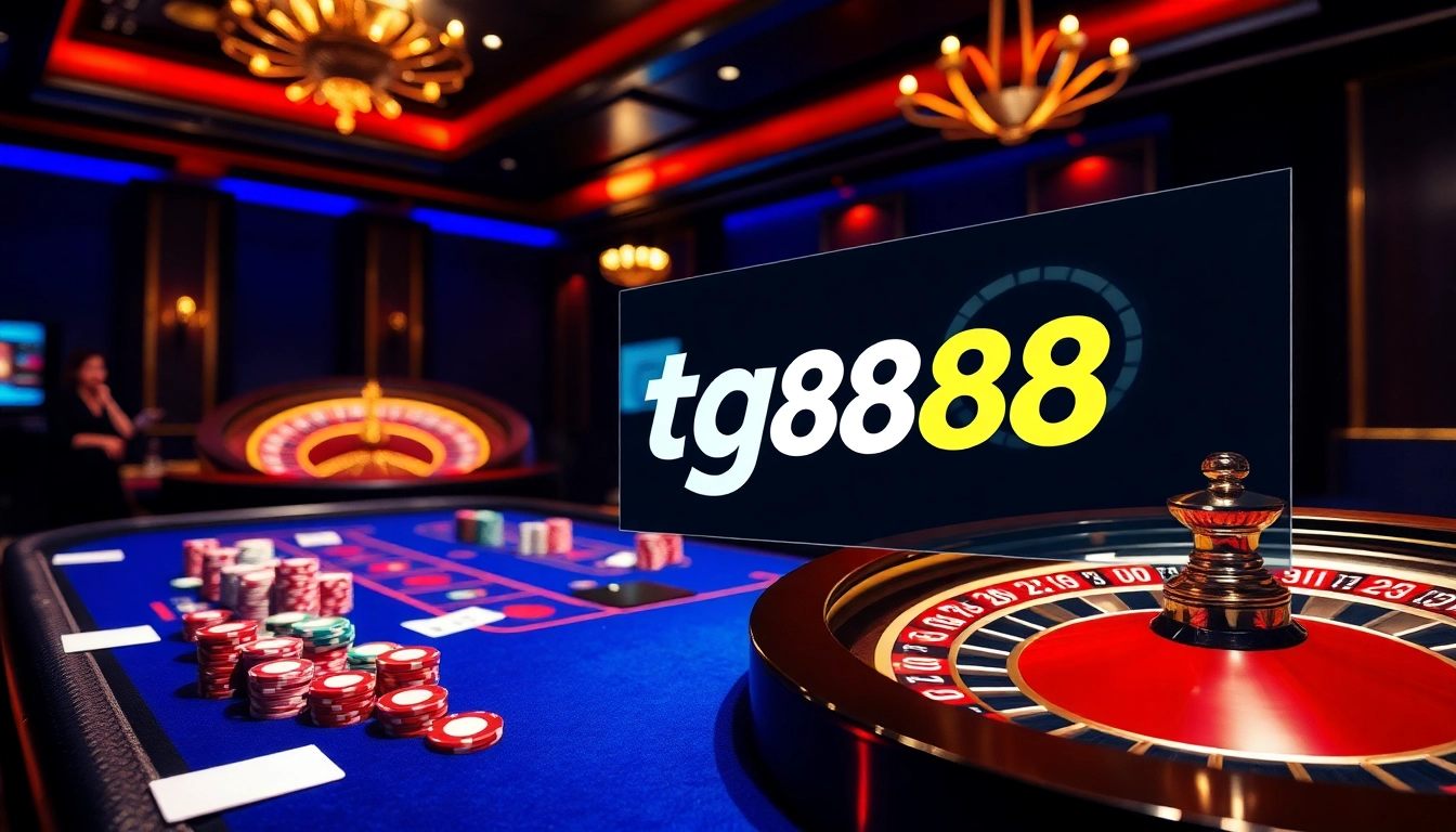 Experience the excitement of gaming at TG88 with a luxurious casino atmosphere featuring roulette and poker.