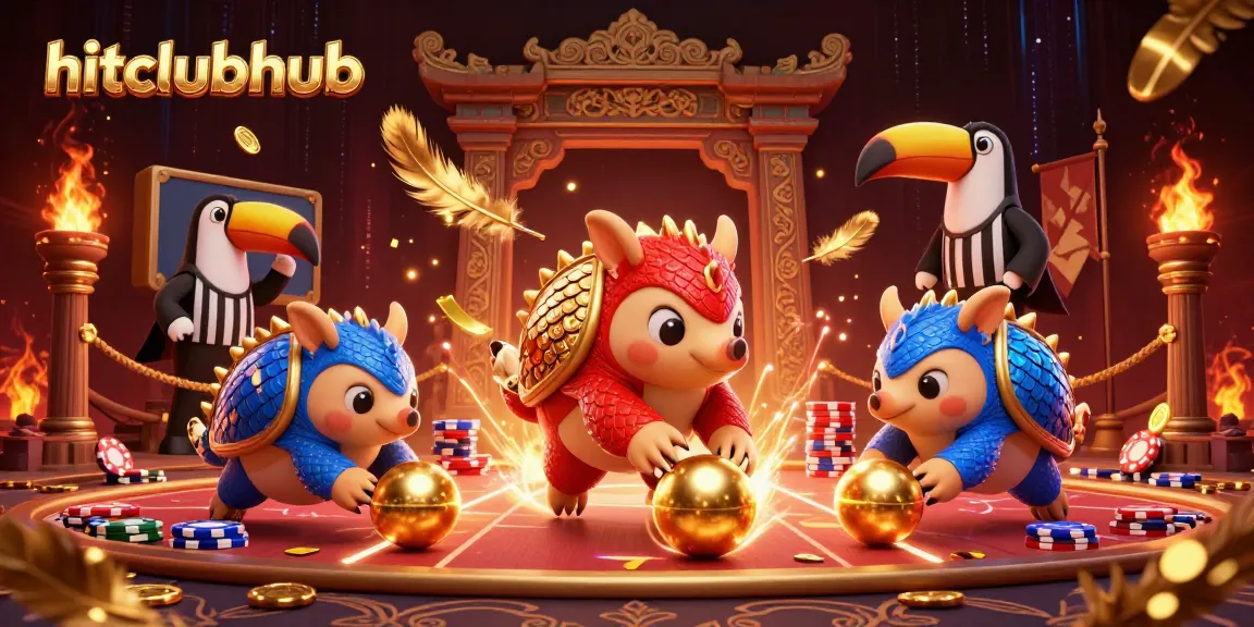 Hitclubhub features pangolins in a dynamic casino showdown with poker chips and golden treasures.