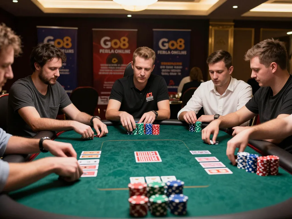 Experience thrilling gameplay at Go8 poker tables with intense players and colorful chips.
