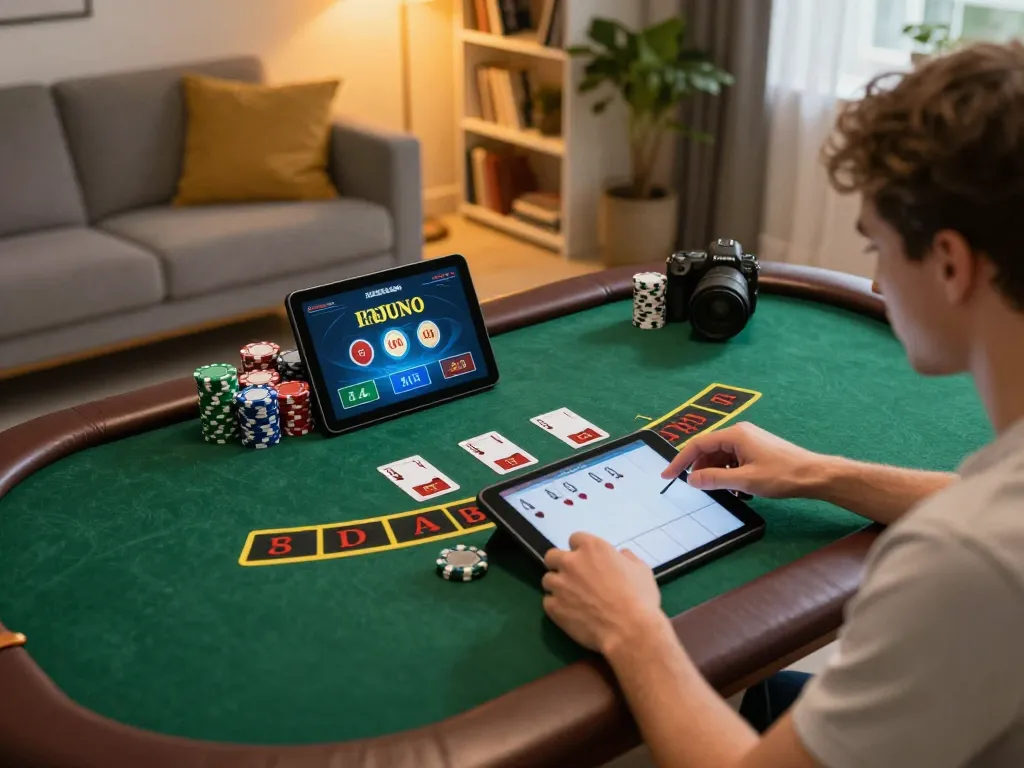 Player enjoying blackjack at home on XX88 tablet, engaging gaming scene with chips.