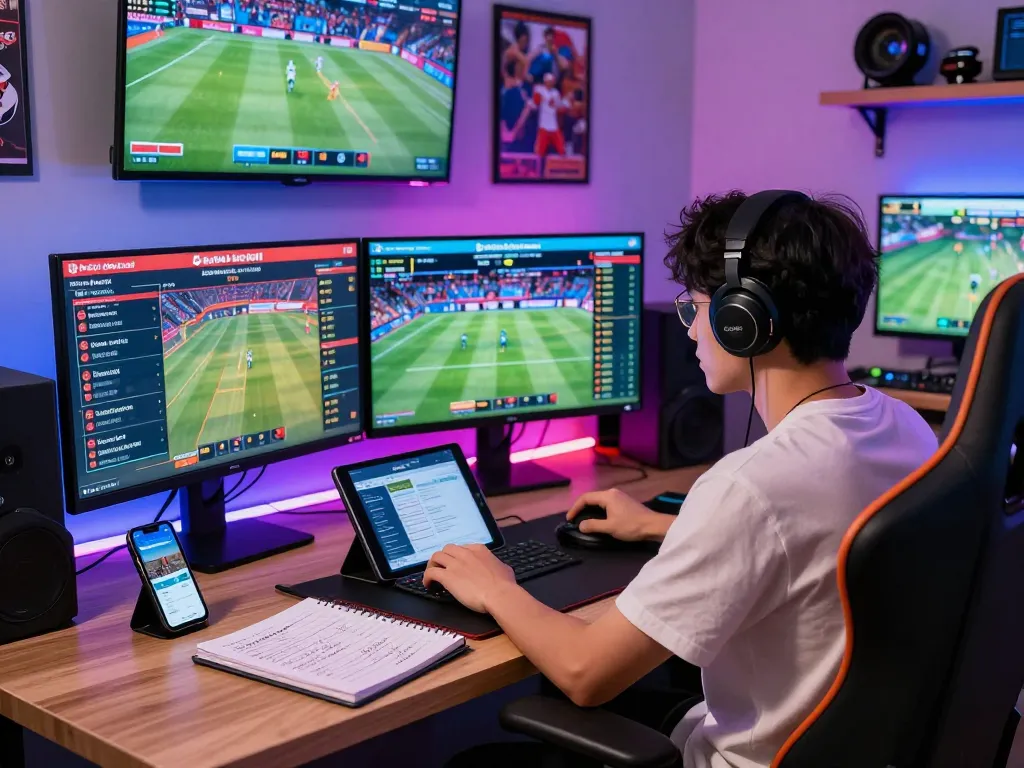 Intense gamer reviewing keo nha cai odds on multiple screens in a modern sports betting setup.