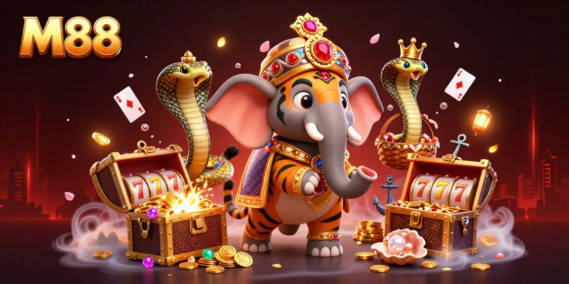M88 online casino showcases thrilling adventures with a vibrant 3D illustration featuring a majestic tiger and elephant.