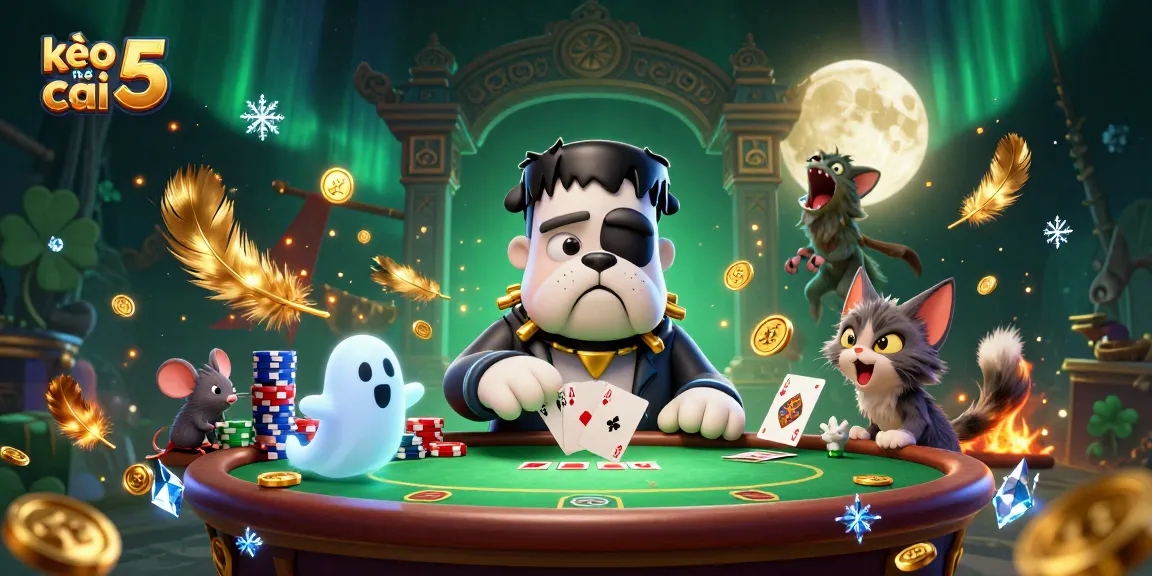 Engage with kèo nhà cái 5 as the Frankenstein bulldog deals cards at a lively casino table.