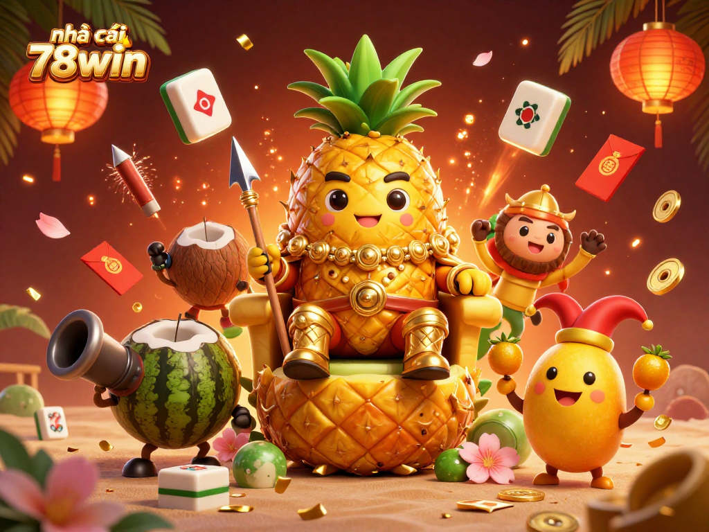 Engage with nhà cái 78win's vibrant online gaming scene, featuring a pineapple king and casino elements.