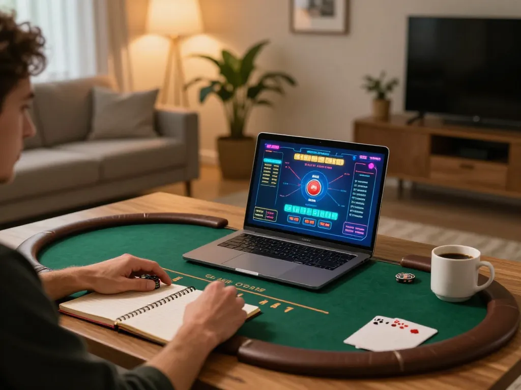 Engaging online poker gameplay experience at home, highlighting 78win01 in a strategic setting.