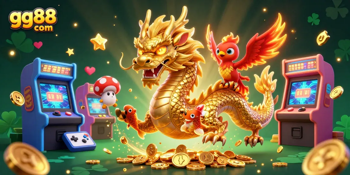 Experience excitement at gg88 com with a dynamic illustration of a dragon, phoenix, and koi in a casino setting.