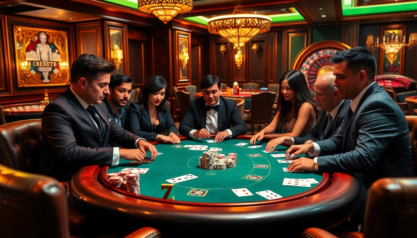Players experience intense gameplay at a luxurious 7M poker table, highlighting excitement and strategy.