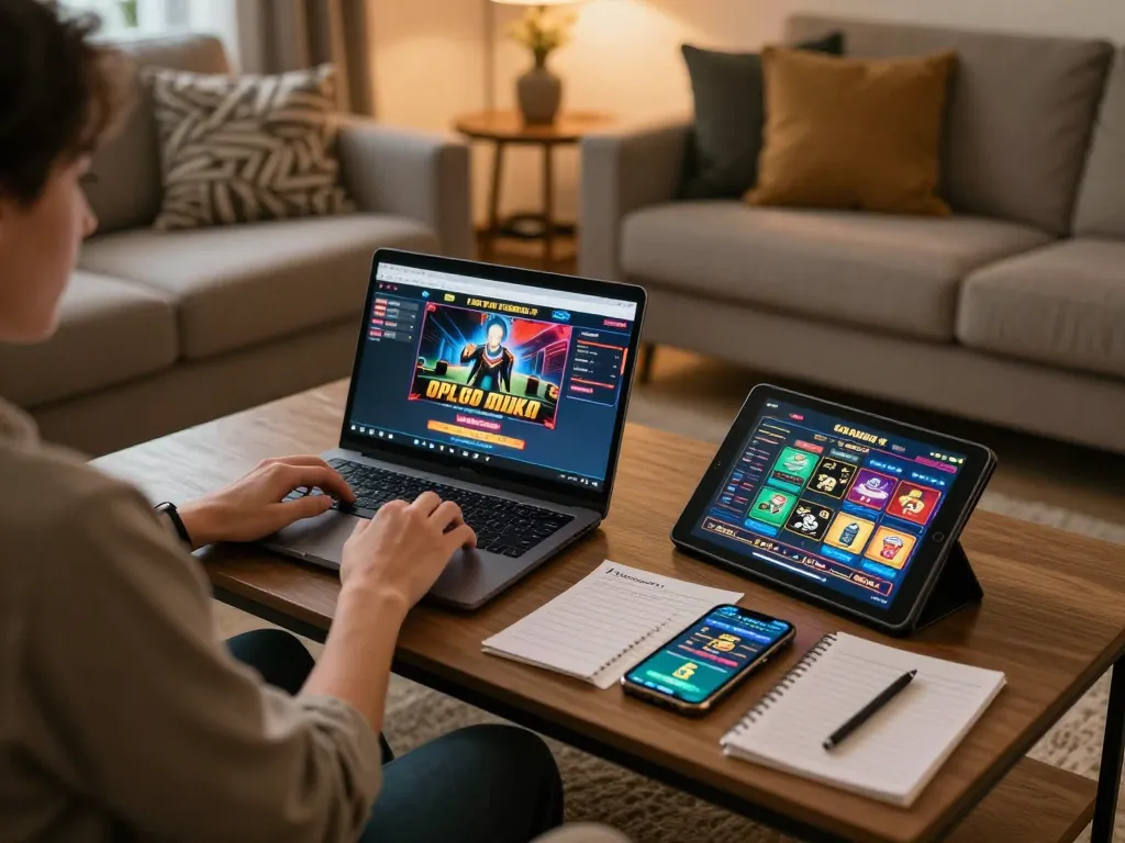 Using the laptop for online casino gaming at https://mm88.se.net/, cozy home setting with strategic notes on table