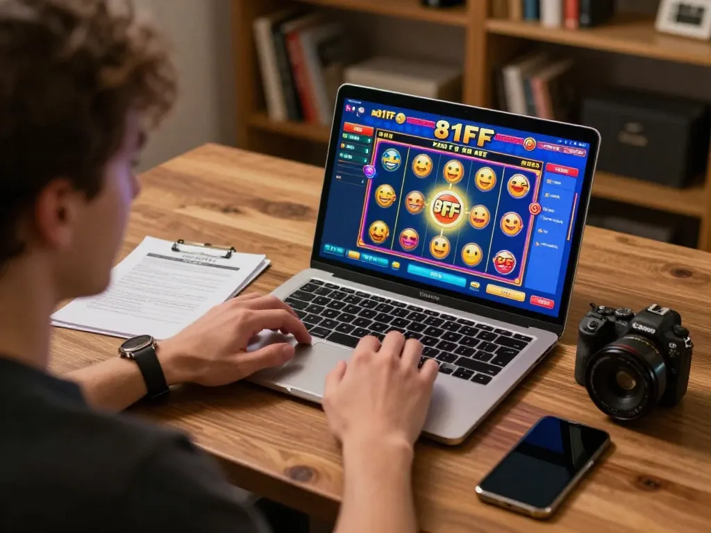 Player enjoying 81FF online slots on a laptop, combining strategy with gaming excitement.