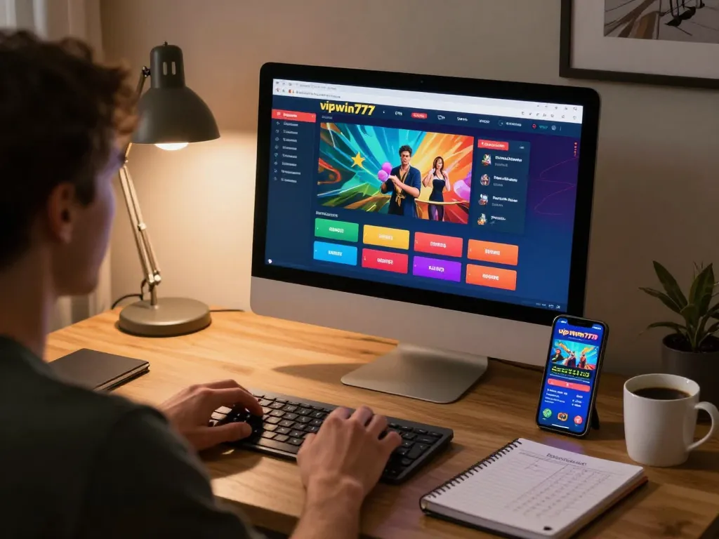 Engaging in online gaming on vipwin777 with a laptop showcasing casino interface and strategy notes.