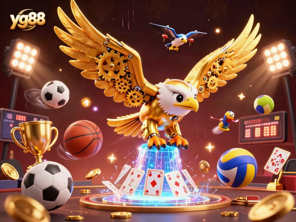 Experience thrilling victories with yg88 as a golden eagle dives through holographic cards in a vibrant casino scene.