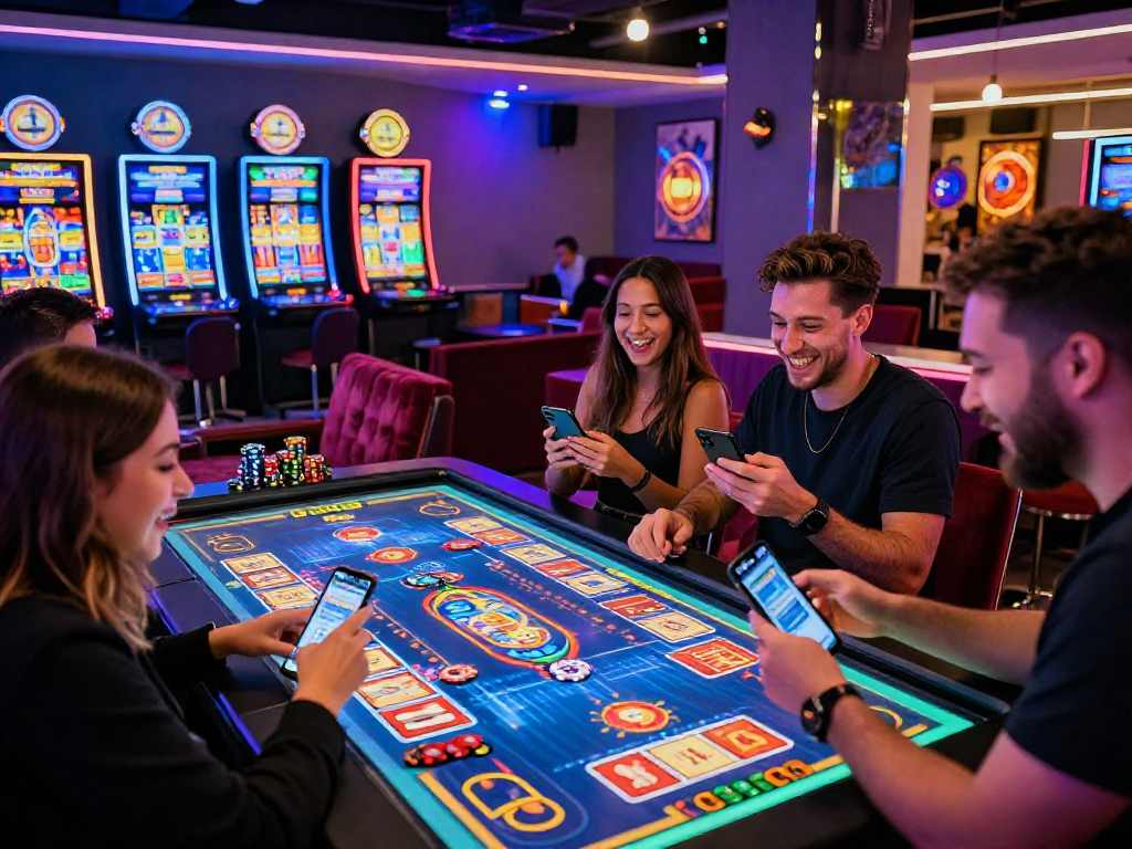 Thrilling atmosphere within a crypto casino featuring players enjoying holographic games and digital wallets