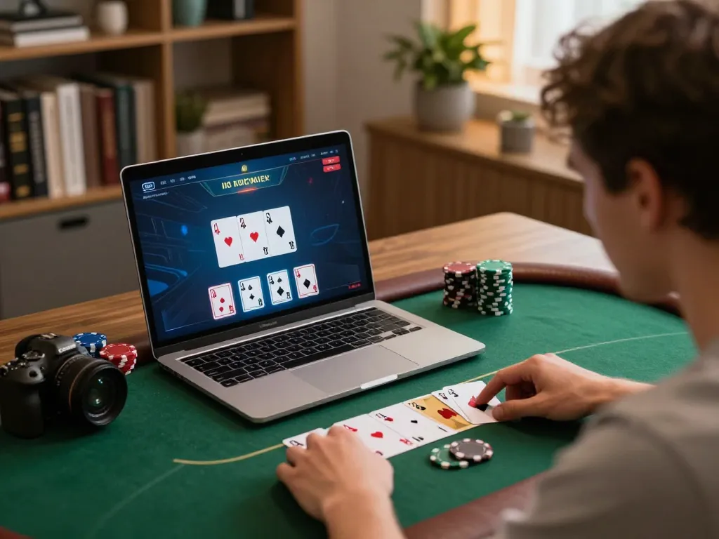 Engaged player at home on online poker with tập đoàn ATQ showcasing strategic gaming skills.