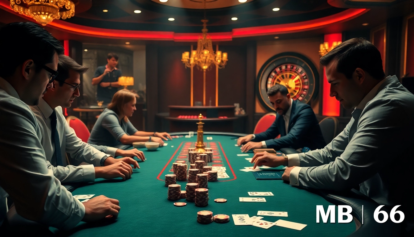 Players strategizing at a luxurious poker table, showcasing MB66's high-stakes gambling ambiance.