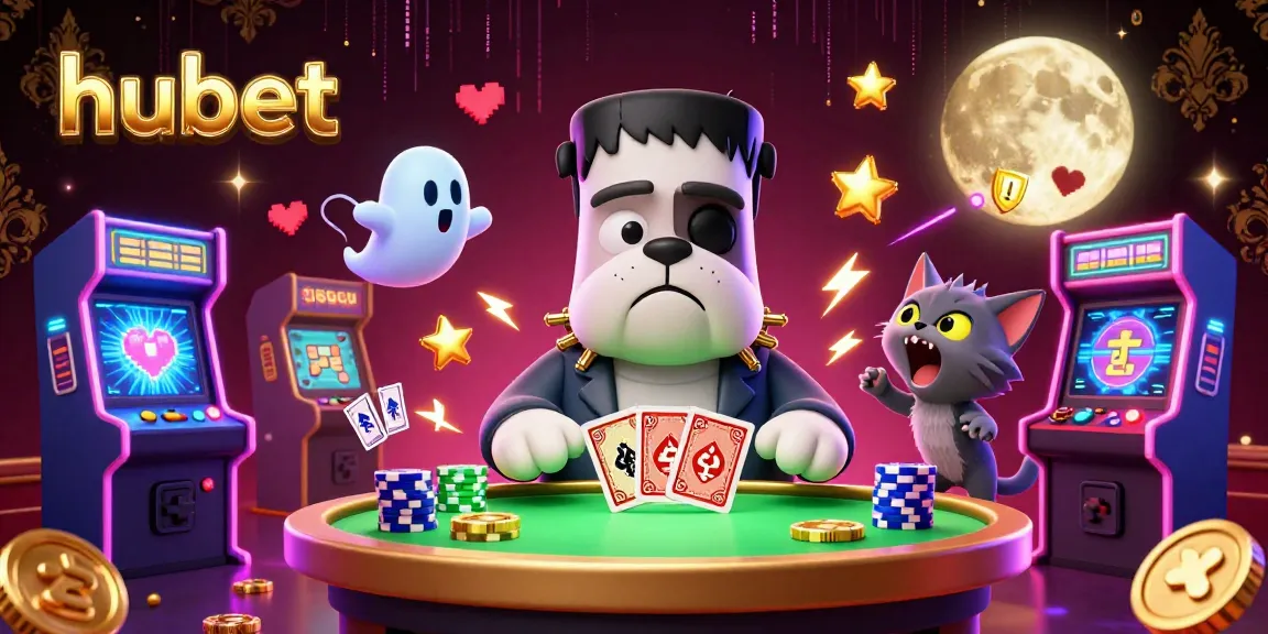 Engage with hubet as the Frankenstein bulldog monster deals cards at a vibrant casino table.
