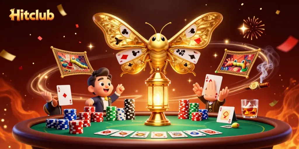 Engage with Hitclub's vibrant casino world featuring dramatic poker elements and a golden moth.